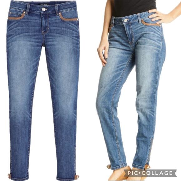 White House Black Market Vegan Leather Tipped Cropped Ankle Zip Skimmer Jeans - Picture 3 of 16